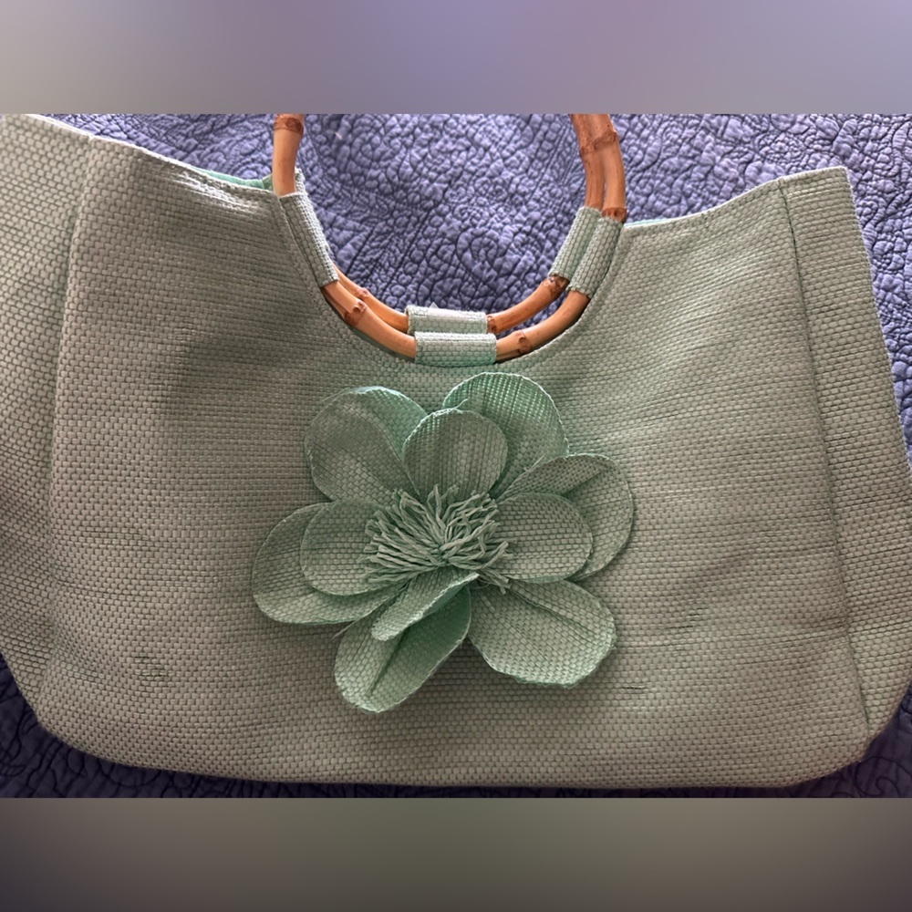 NEIMAN MARCUS Green Floral Tote Bag with Bamboo Handles Vintage 1970’s Beauty
